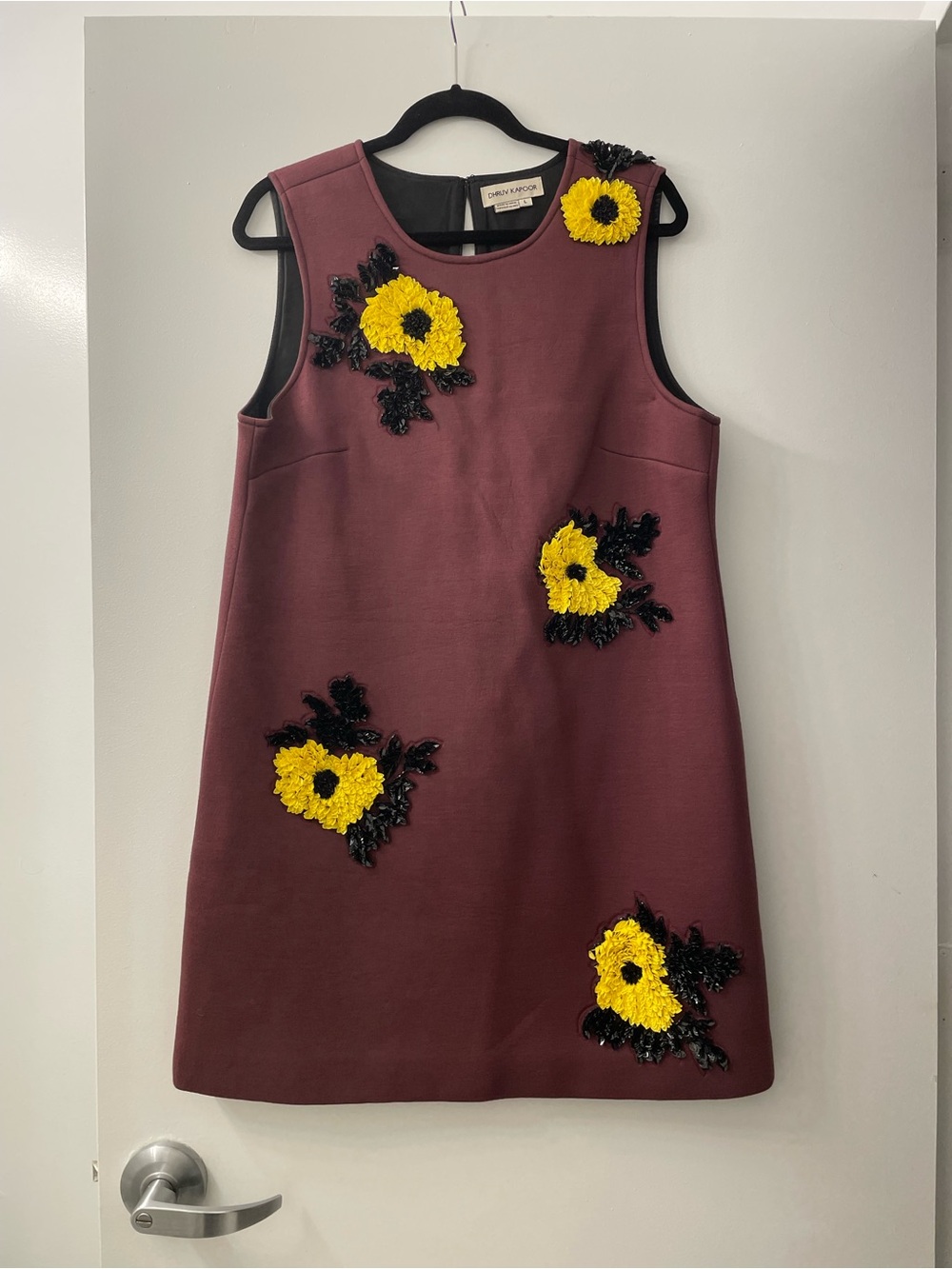 Dhruv Kapoor Sleeveless Burgundy Mini Dress with Yellow Floral Appliqués